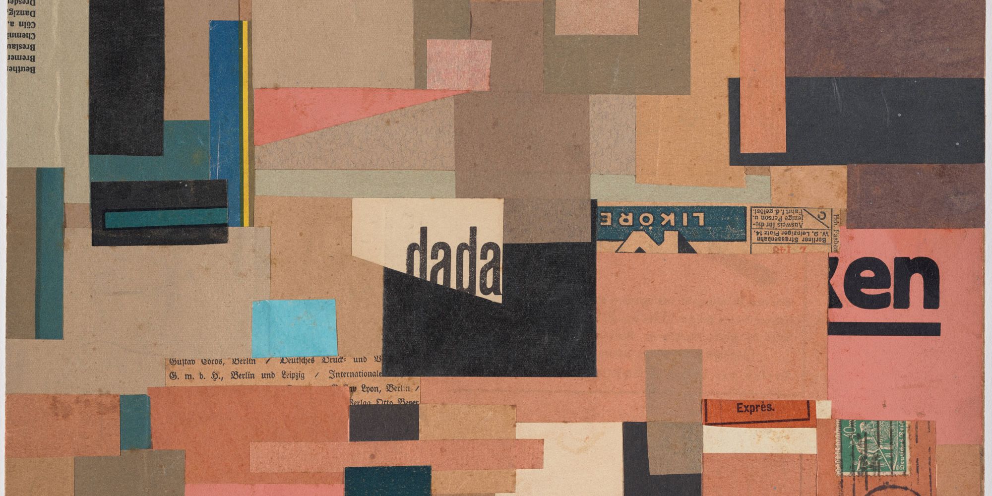Geometric collage made of overlapping paper rectangles and newspaper fragments, including the word “dada,” in muted pink, tan, blue, and black tones
