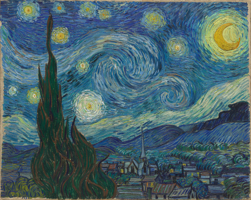 Oil painting depicting a swirling night sky with vibrant blues, yellows, and greens. A dark silhouette of a cypress tree stands in front, with a village below. This is an AI generated description. To give feedback, email ai@moma.org.
